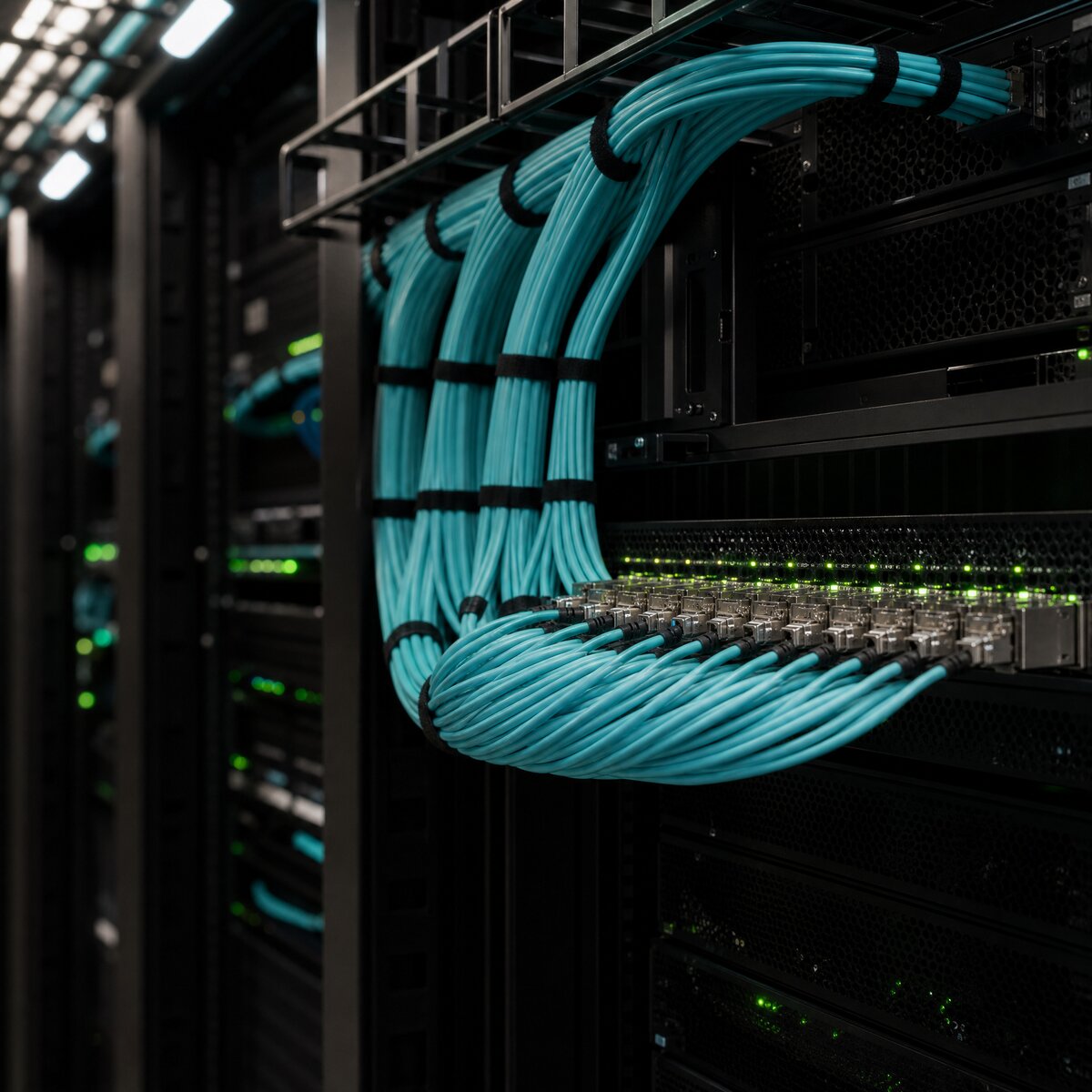 QSFP56 HDR AOC cables like MFS1S00-H090V installed in a data center rack